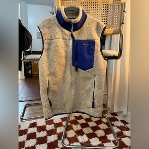 Patagonia Retro X pile fleece vest pullover size medium Mens cream+royal blue